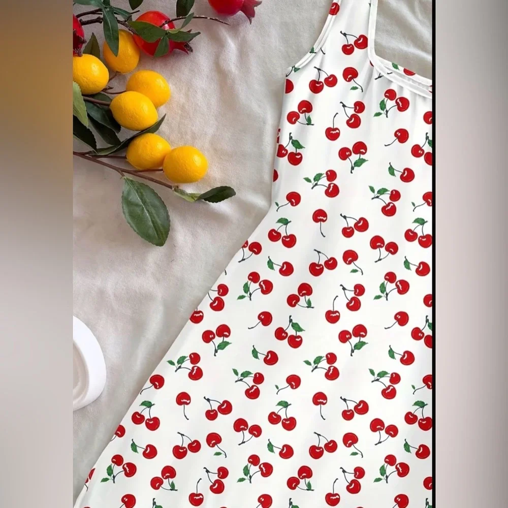 Cherry-Print Sleeveless Tank Dress — White with Red Cherries